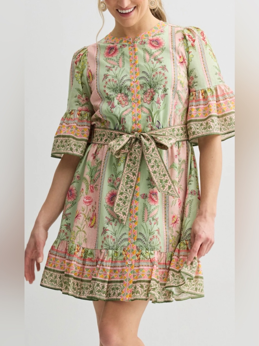 Farmers Market Floral Bell Sleeve Mini Dress NWT Cotton Belted Cottagecore L